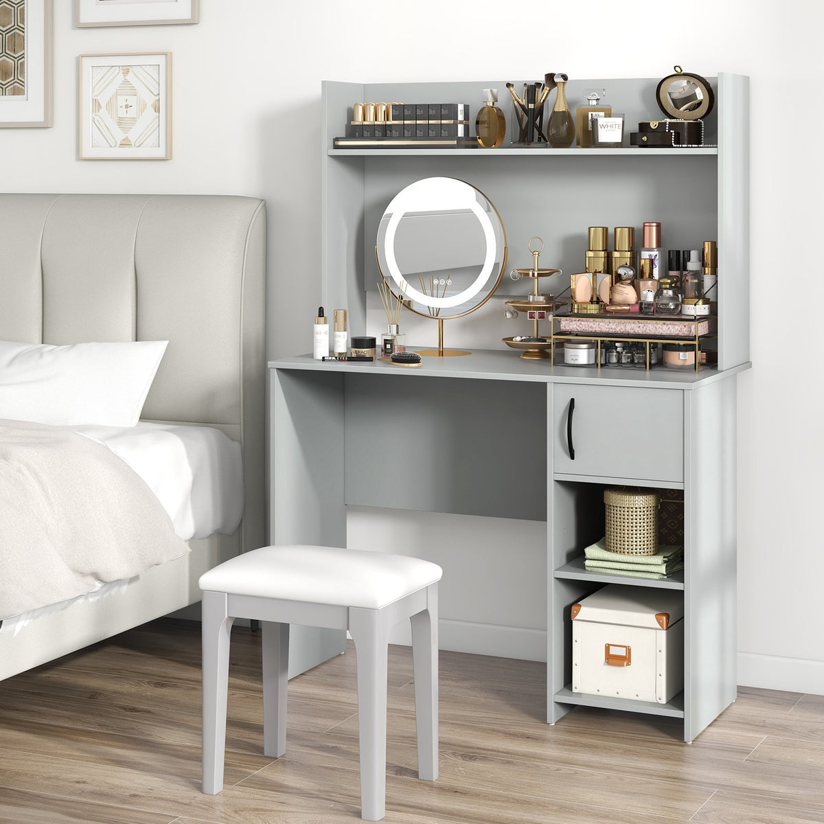 Home Office Desk with Raised Display Shelf and 2 Open Shelves-Gray view 6