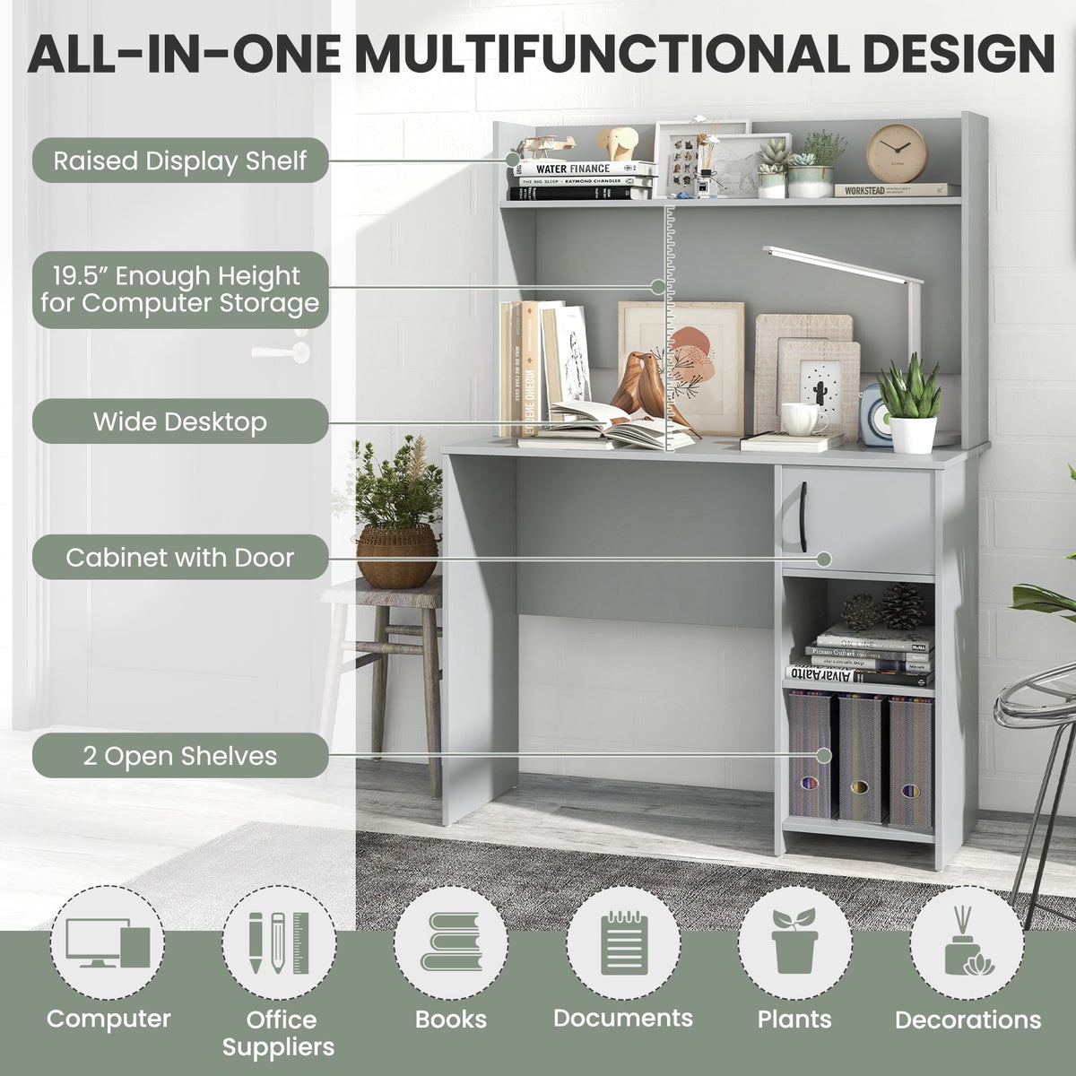 Home Office Desk with Raised Display Shelf and 2 Open Shelves-Gray view 7
