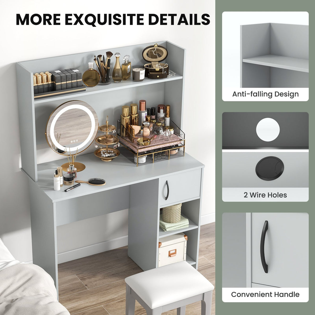 Home Office Desk with Raised Display Shelf and 2 Open Shelves-Gray view 9