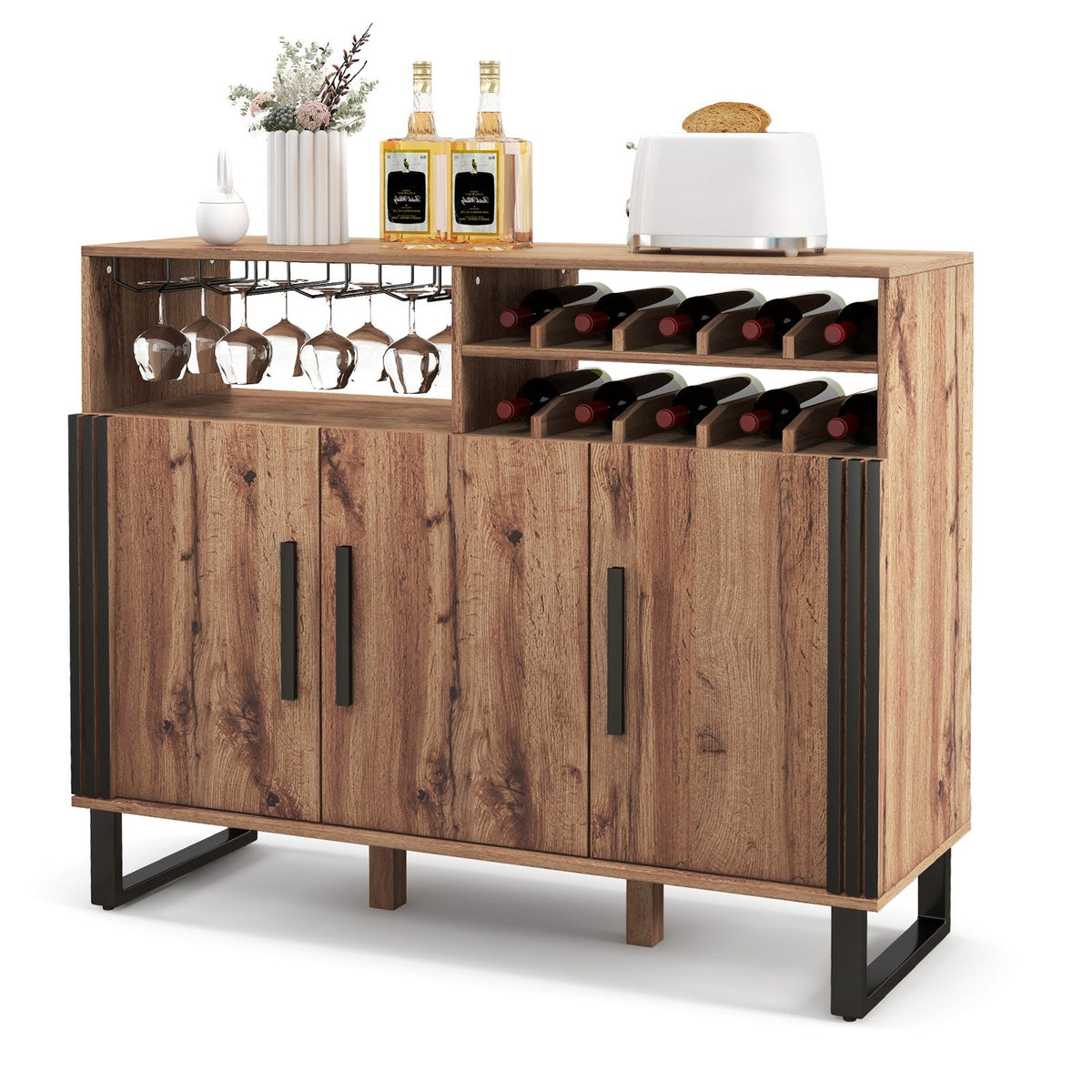 Home Wine Bar Cabinet with 3 Doors and Adjustable Shelves-Brown view 4