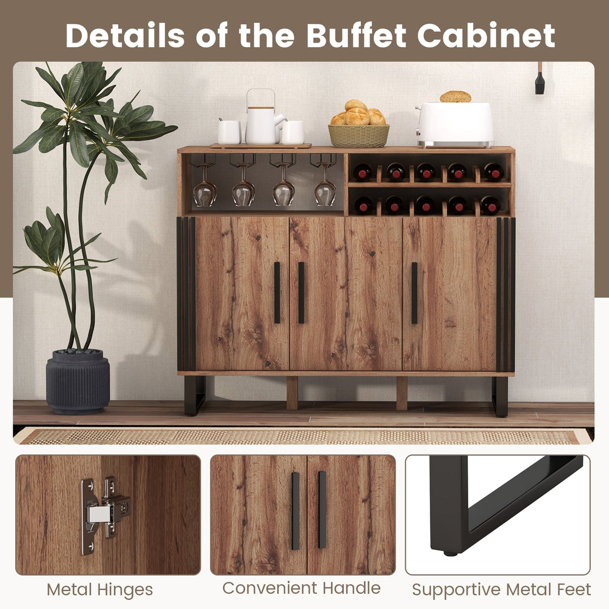 Home Wine Bar Cabinet with 3 Doors and Adjustable Shelves-Brown view 6