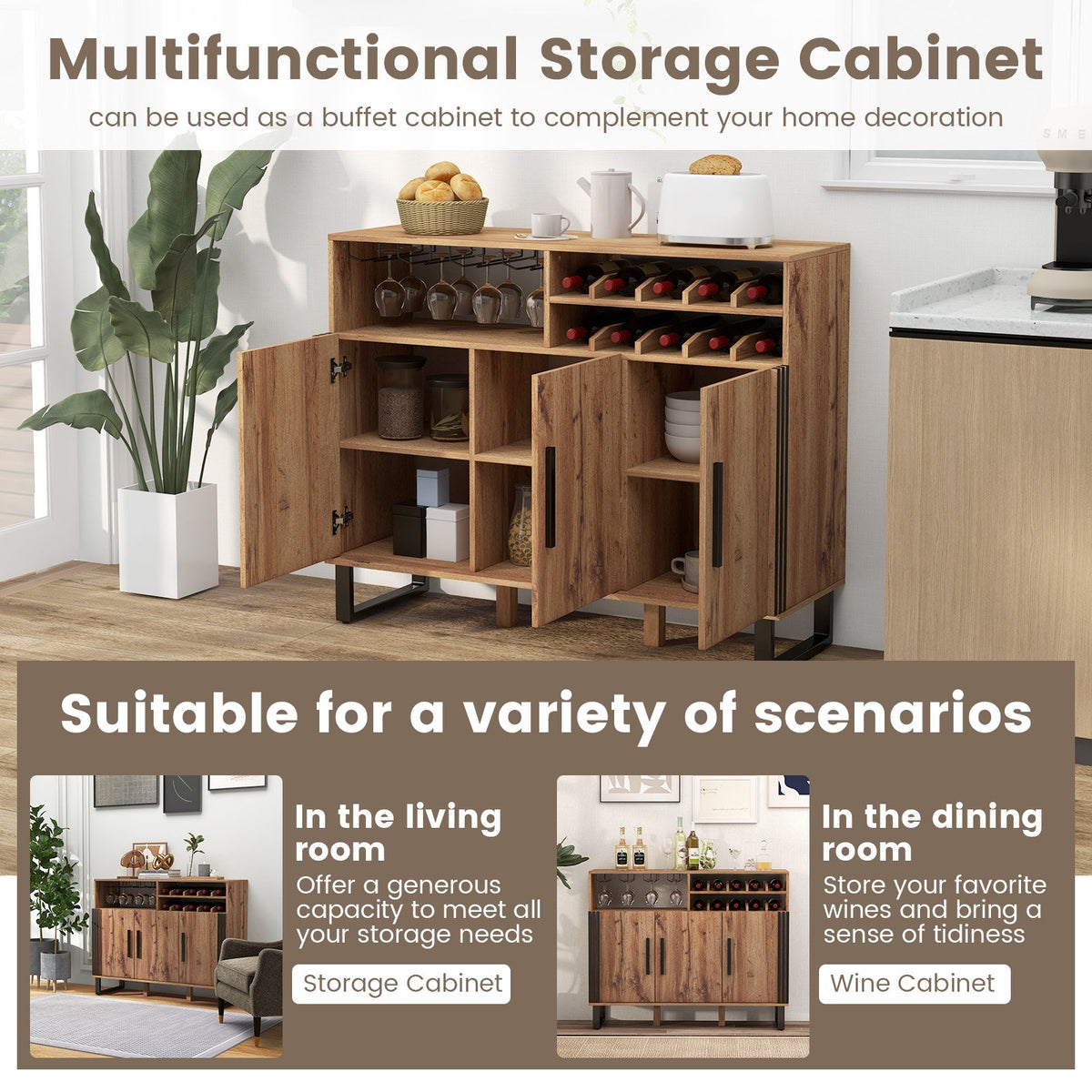 Home Wine Bar Cabinet with 3 Doors and Adjustable Shelves-Brown view 9