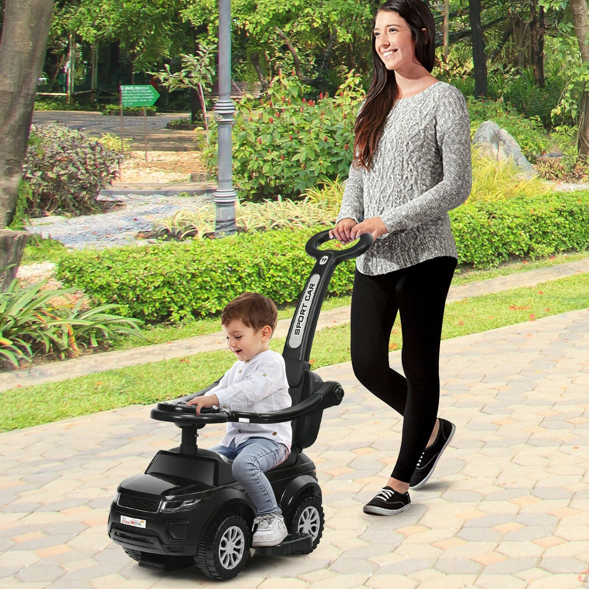 3 in 1 Ride on Push Car Toddler Stroller Sliding Car with Music-Black view 3