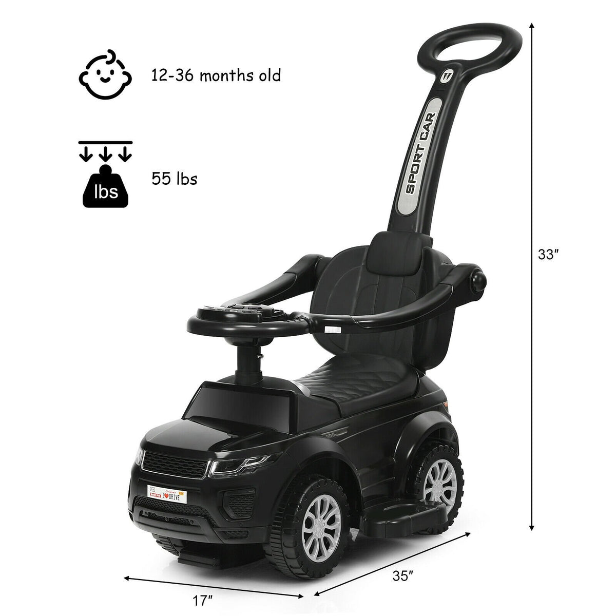3 in 1 Ride on Push Car Toddler Stroller Sliding Car with Music-Black view 5