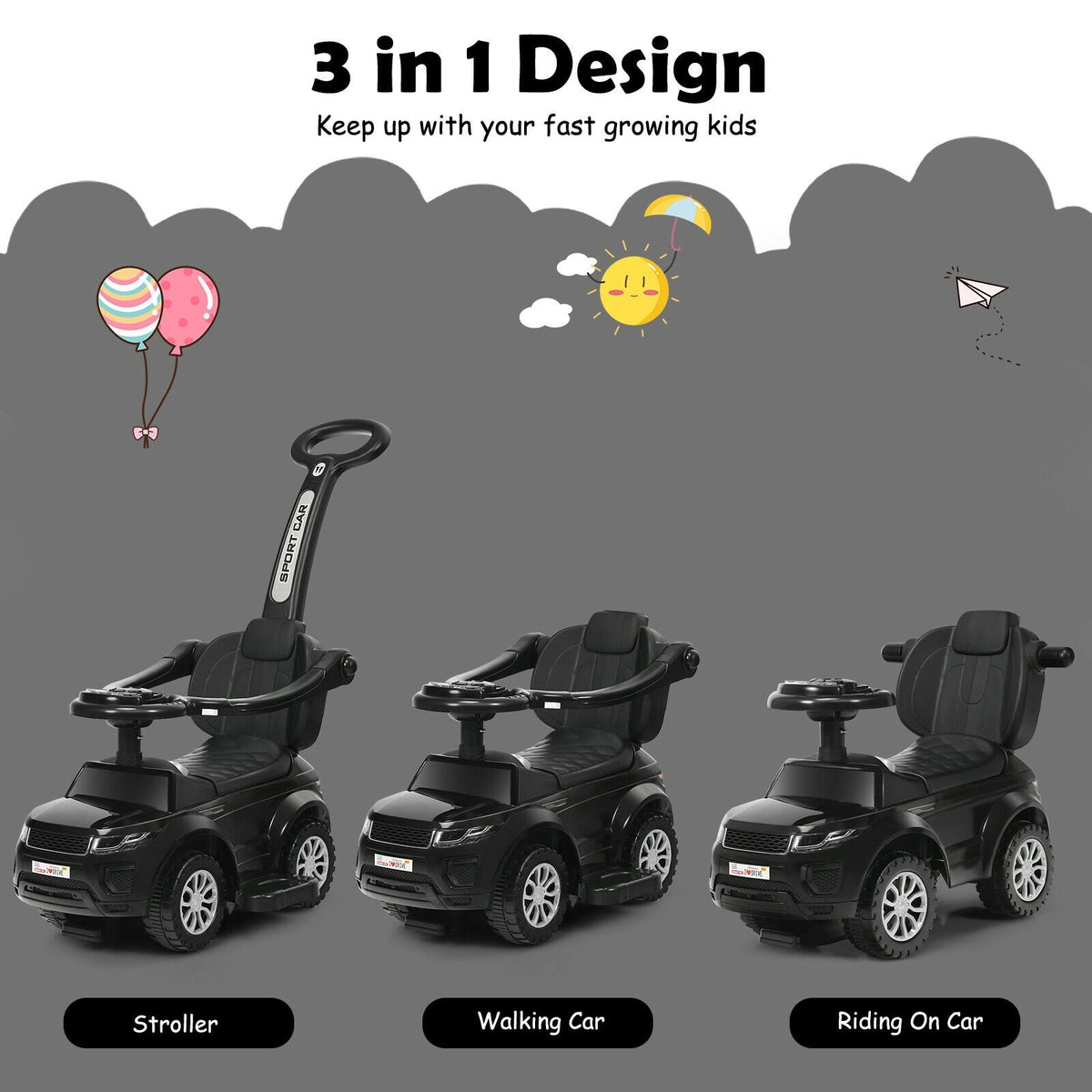 3 in 1 Ride on Push Car Toddler Stroller Sliding Car with Music-Black view 7