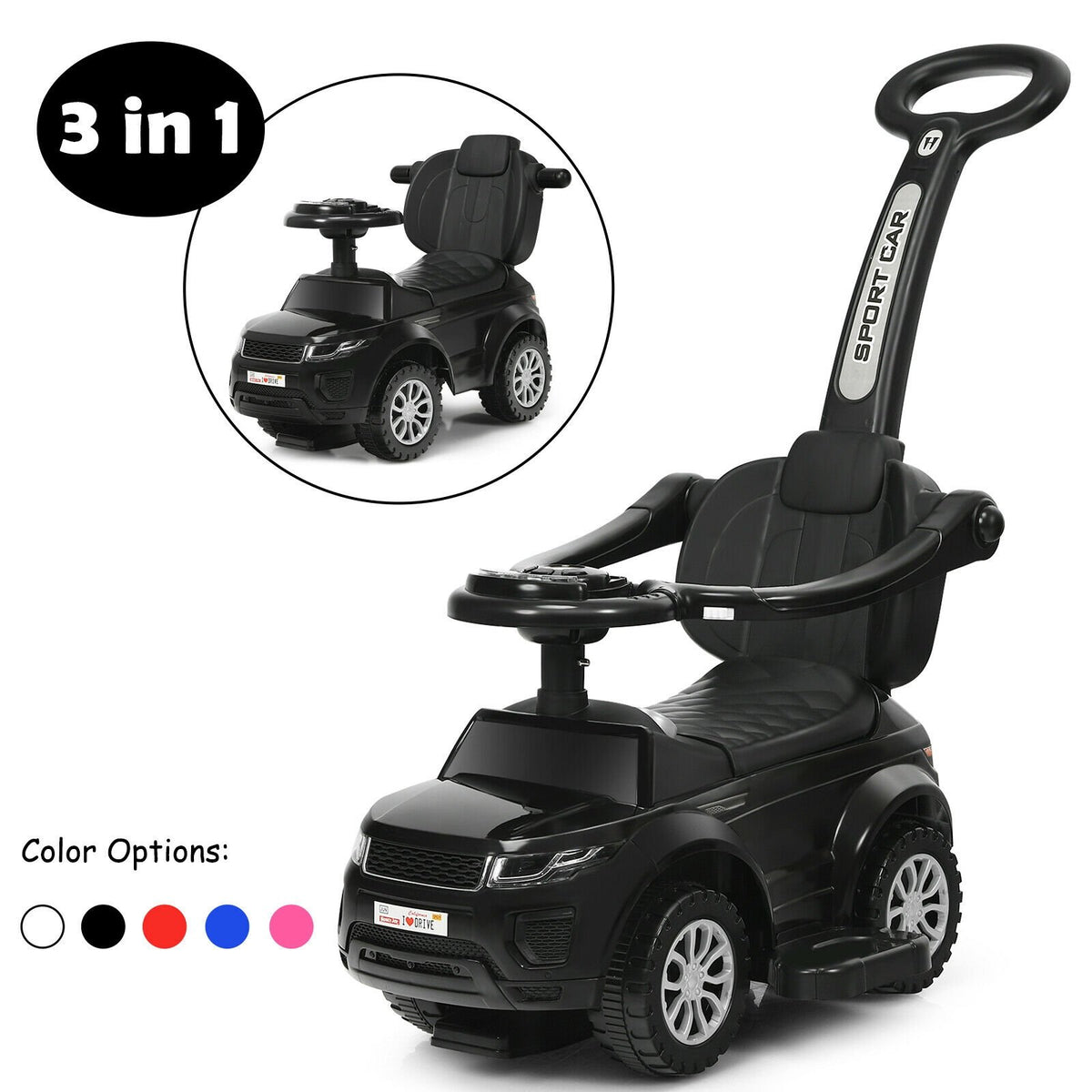 3 in 1 Ride on Push Car Toddler Stroller Sliding Car with Music-Black view 9