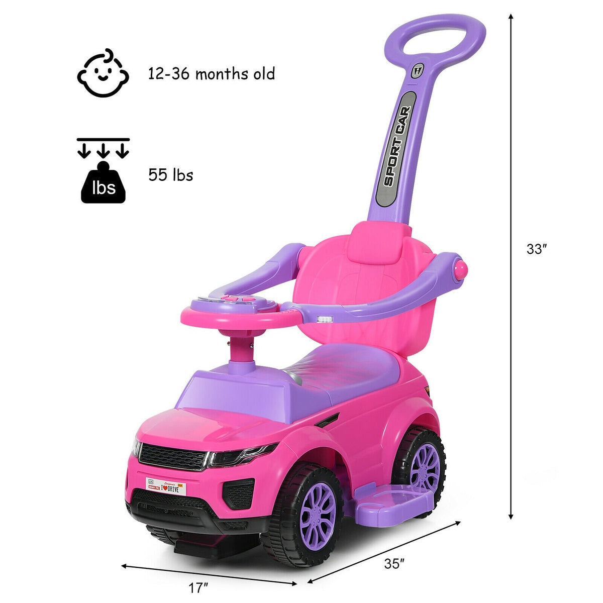 3 in 1 Ride on Push Car Toddler Stroller Sliding Car with Music-Pink view 5