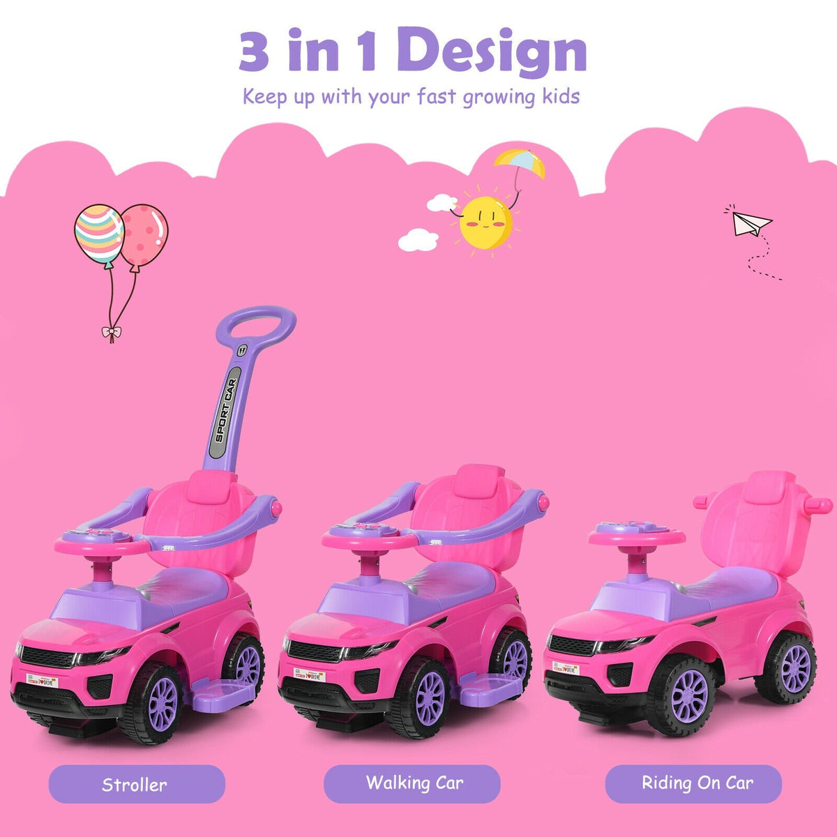 3 in 1 Ride on Push Car Toddler Stroller Sliding Car with Music-Pink view 7