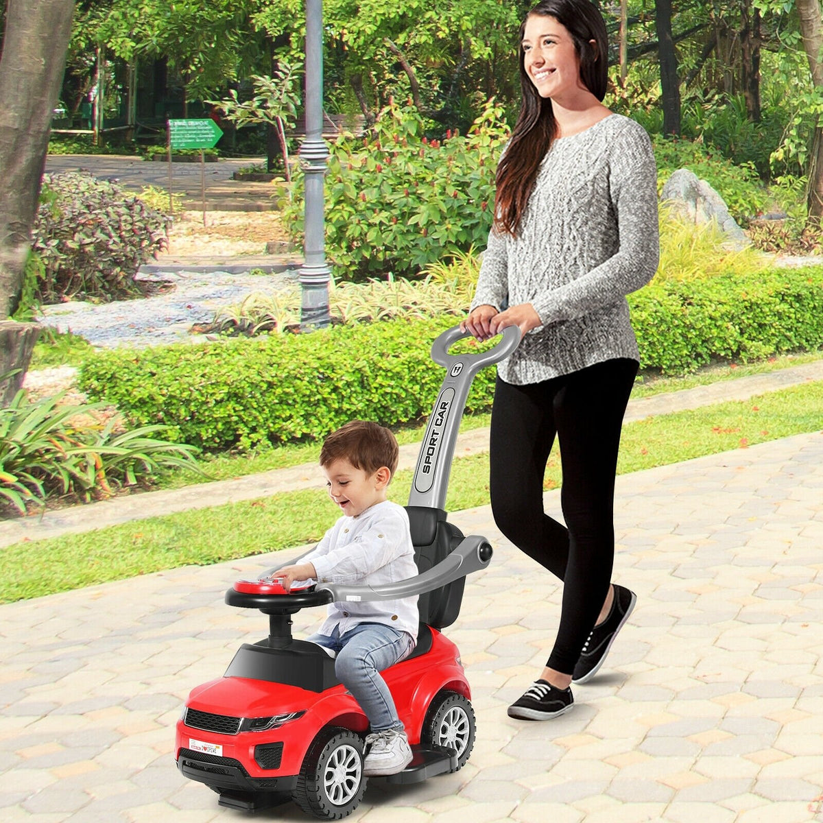 Honey Joy 3 in 1 Ride on Push Car Toddler Stroller Sliding Car with Music-Red view 3
