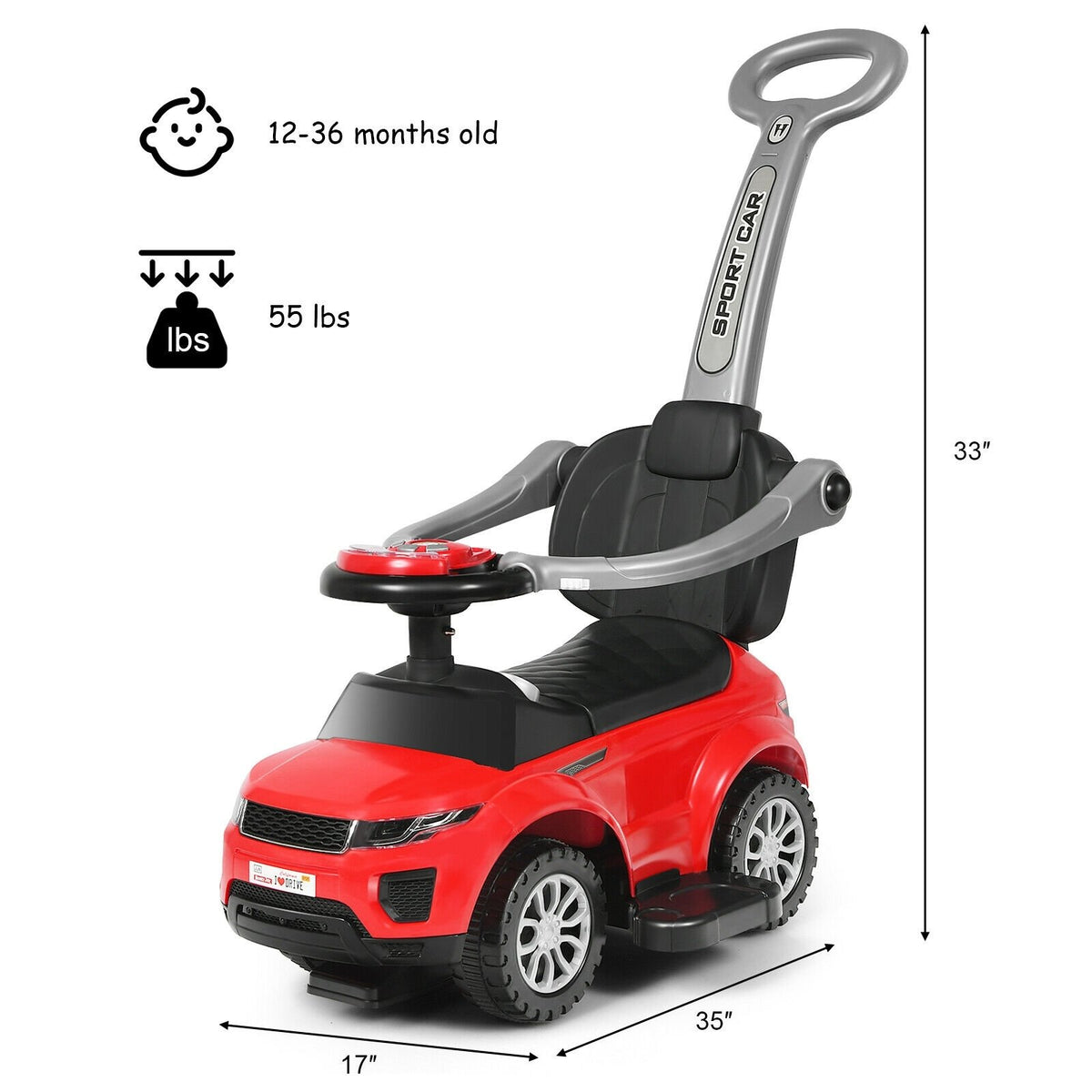 Honey Joy 3 in 1 Ride on Push Car Toddler Stroller Sliding Car with Music-Red view 5