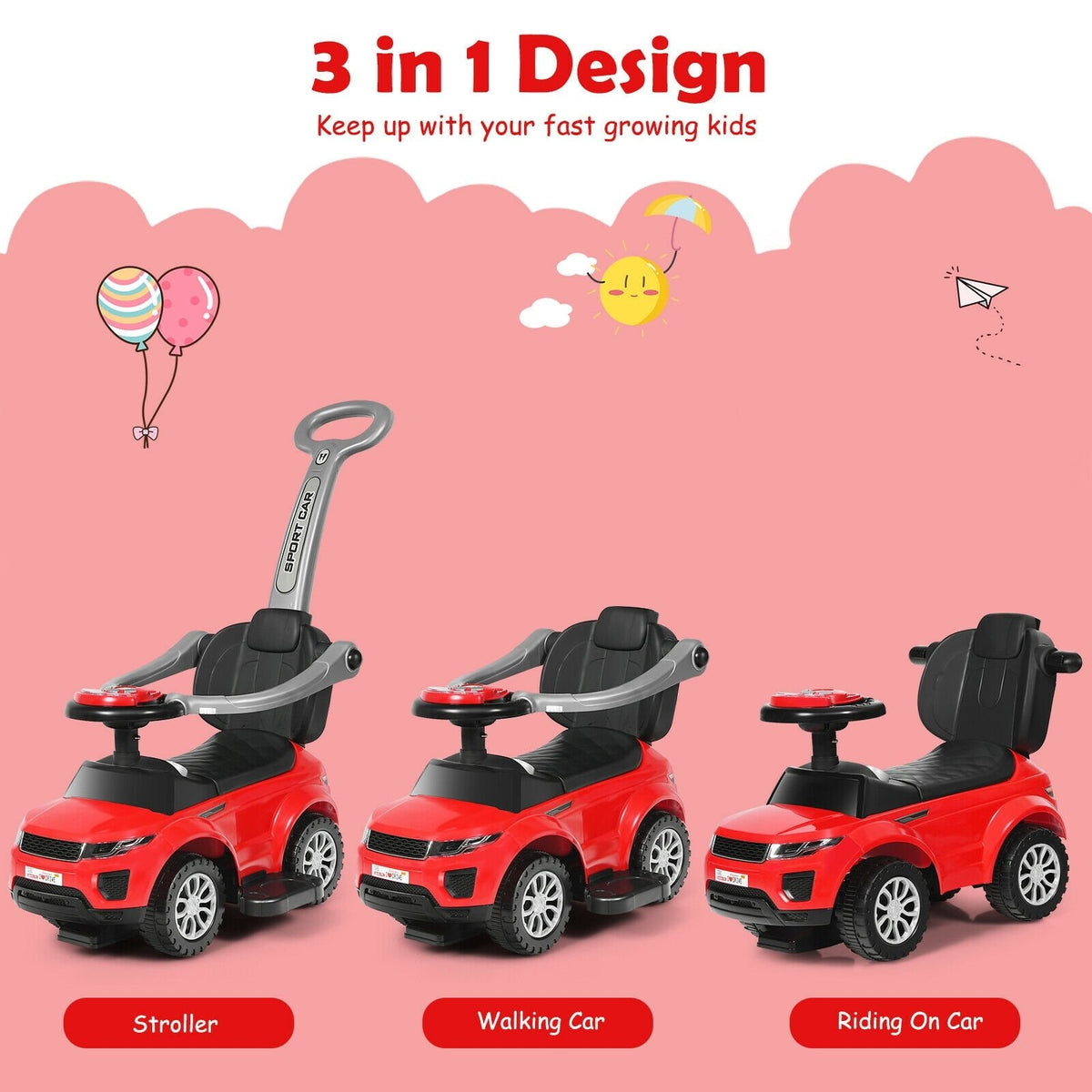 Honey Joy 3 in 1 Ride on Push Car Toddler Stroller Sliding Car with Music-Red view 7