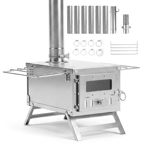 Hot Tent Stove Portable Wood Burning Stove with 7 Chimney Pipes and Spark Arrestor-Silver