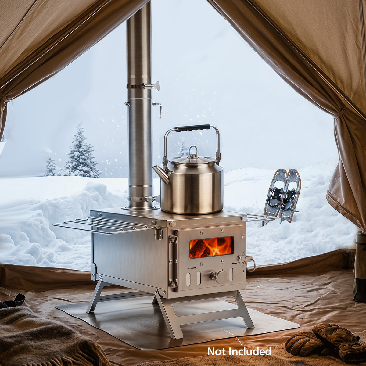 Hot Tent Stove Portable Wood Burning Stove with 7 Chimney Pipes and Spark Arrestor-Silver view 2