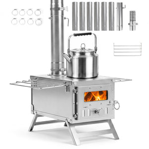 Hot Tent Stove Portable Wood Burning Stove with 7 Chimney Pipes and Spark Arrestor-Silver view 3