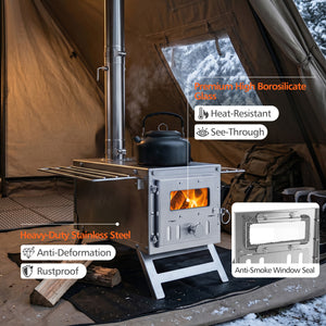 Hot Tent Stove Portable Wood Burning Stove with 7 Chimney Pipes and Spark Arrestor-Silver view 5