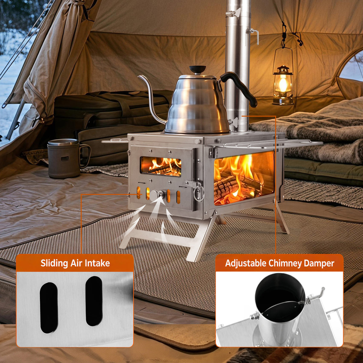 Hot Tent Stove Portable Wood Burning Stove with 7 Chimney Pipes and Spark Arrestor-Silver view 6