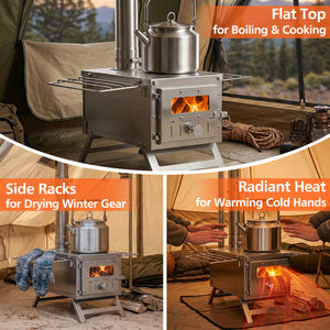 Hot Tent Stove Portable Wood Burning Stove with 7 Chimney Pipes and Spark Arrestor-Silver view 8