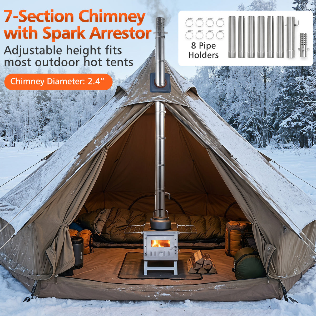 Hot Tent Stove Portable Wood Burning Stove with 7 Chimney Pipes and Spark Arrestor-Silver view 9