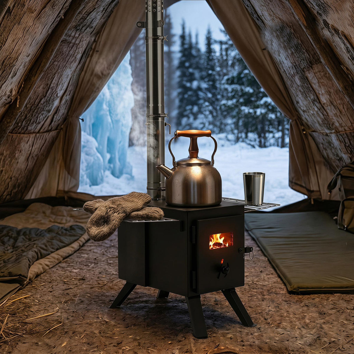 Hot Tent Stove with Ash Tray 8.4 ft Wood Burning Stove with 8 Chimney Pipes and Spark Arrestor-Black view 2