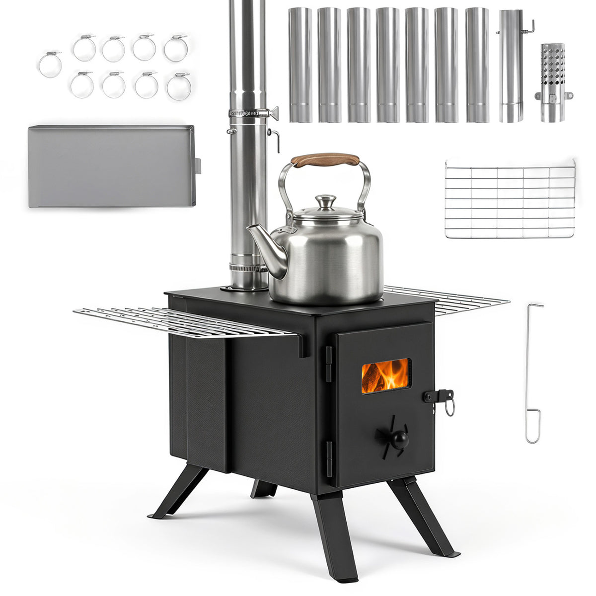 Hot Tent Stove with Ash Tray 8.4 ft Wood Burning Stove with 8 Chimney Pipes and Spark Arrestor-Black view 3
