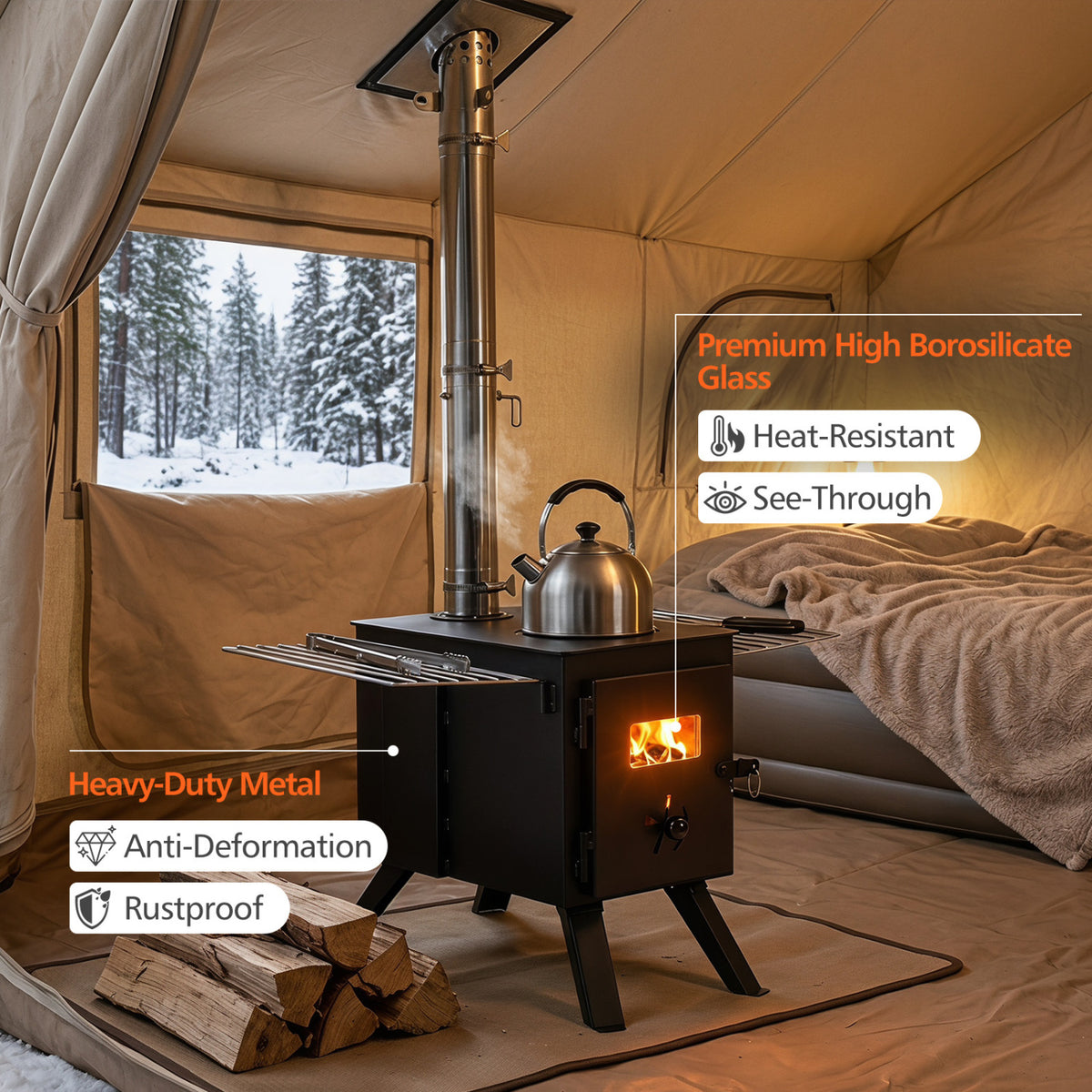 Hot Tent Stove with Ash Tray 8.4 ft Wood Burning Stove with 8 Chimney Pipes and Spark Arrestor-Black view 5