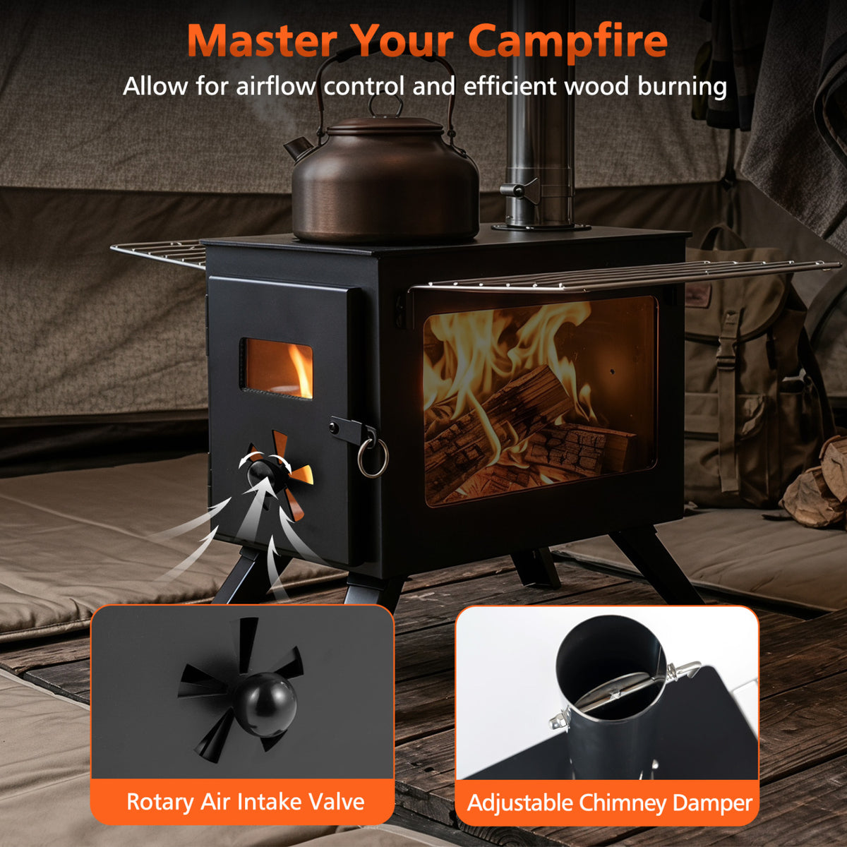 Hot Tent Stove with Ash Tray 8.4 ft Wood Burning Stove with 8 Chimney Pipes and Spark Arrestor-Black view 6
