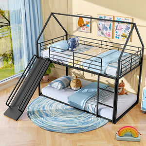 House-shaped Metal Twin Over Twin Low Bunk Bed-Black view 3