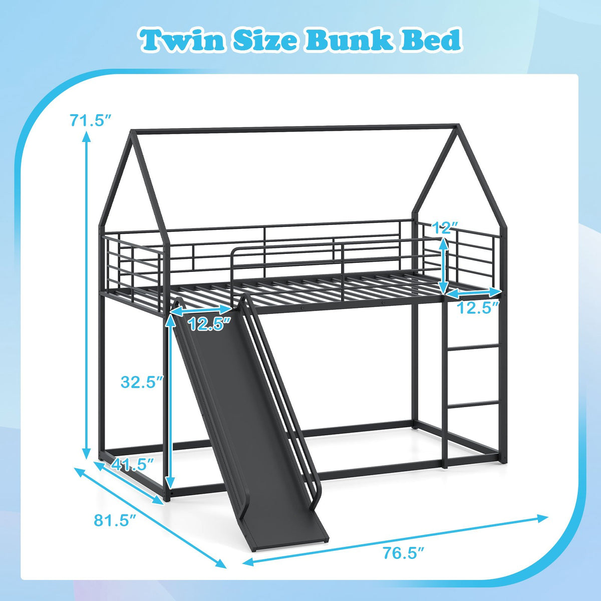 House-shaped Metal Twin Over Twin Low Bunk Bed-Black view 4
