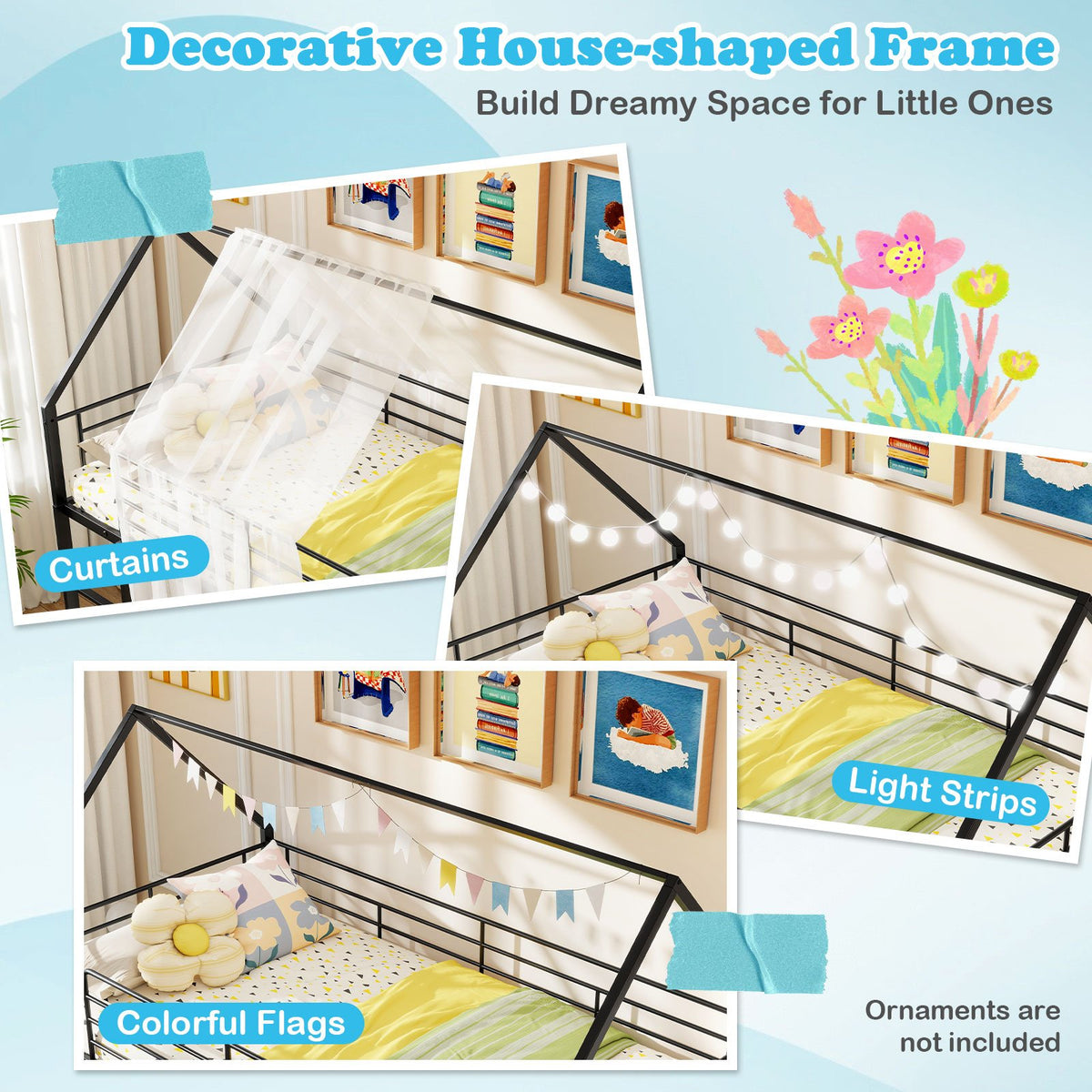 House-shaped Metal Twin Over Twin Low Bunk Bed-Black view 6