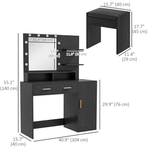 Illuminated Dressing Table Set, LED Vanity Table Set with Stool, LED Mirror, Drawer and Cabinet Shelves for Bedroom
