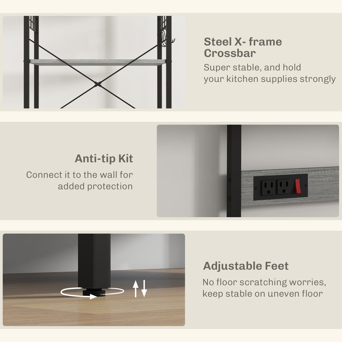 Kitchen Baker's Rack with Power Outlet, Coffee Bar Station with Adjustable Shelves and Hooks – view 6