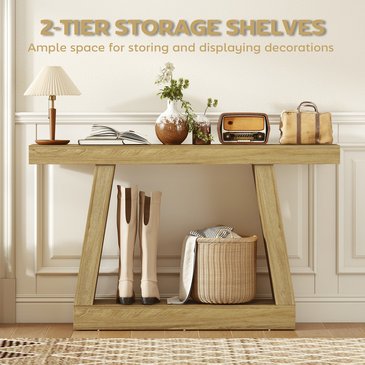 55" Farmhouse Console Table, 2-Tier Entryway Table with Storage for Hallway, Living Room, Behind Couch,  Oak