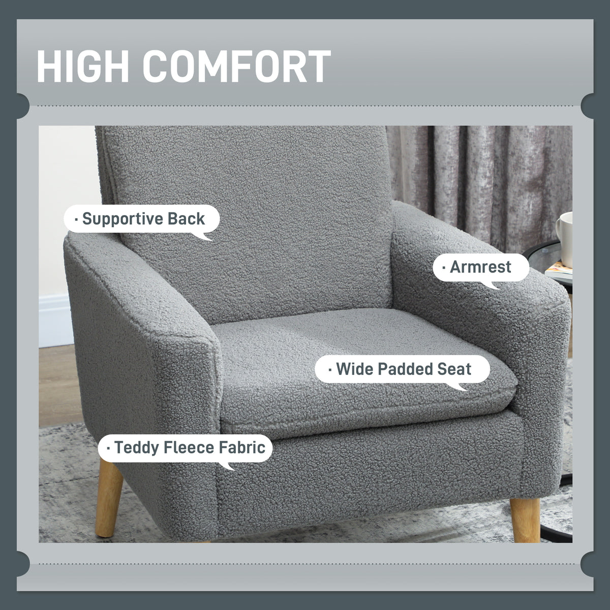 Fabric Accent Chair, Modern Upholstered Armchair with Wood Legs and Wide Padded Seat, Grey
