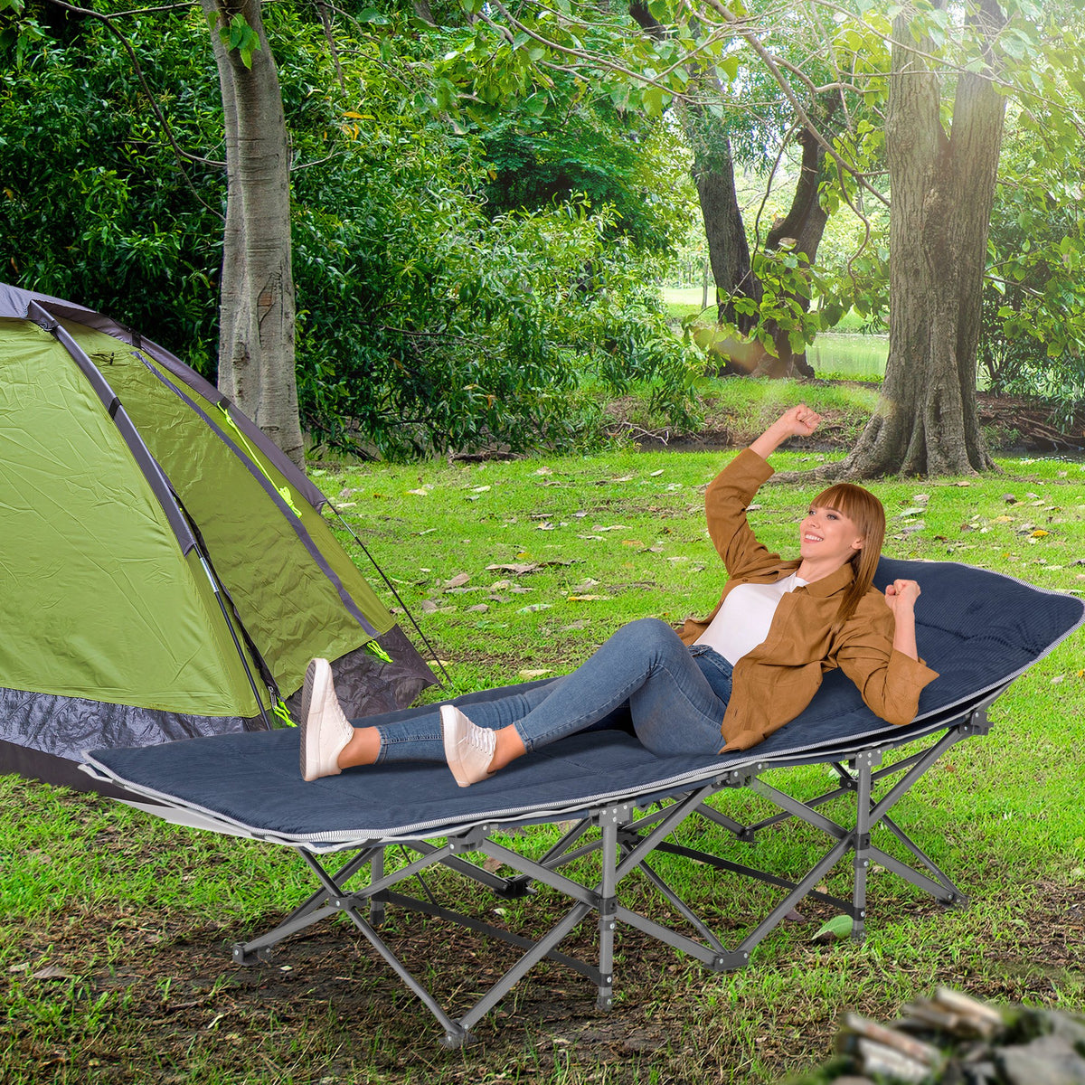 Folding Camping Cot with Mat & Pillow, Double Layer Oxford Heavy Duty Sleeping Cot with Carry Bag Blue – view 7