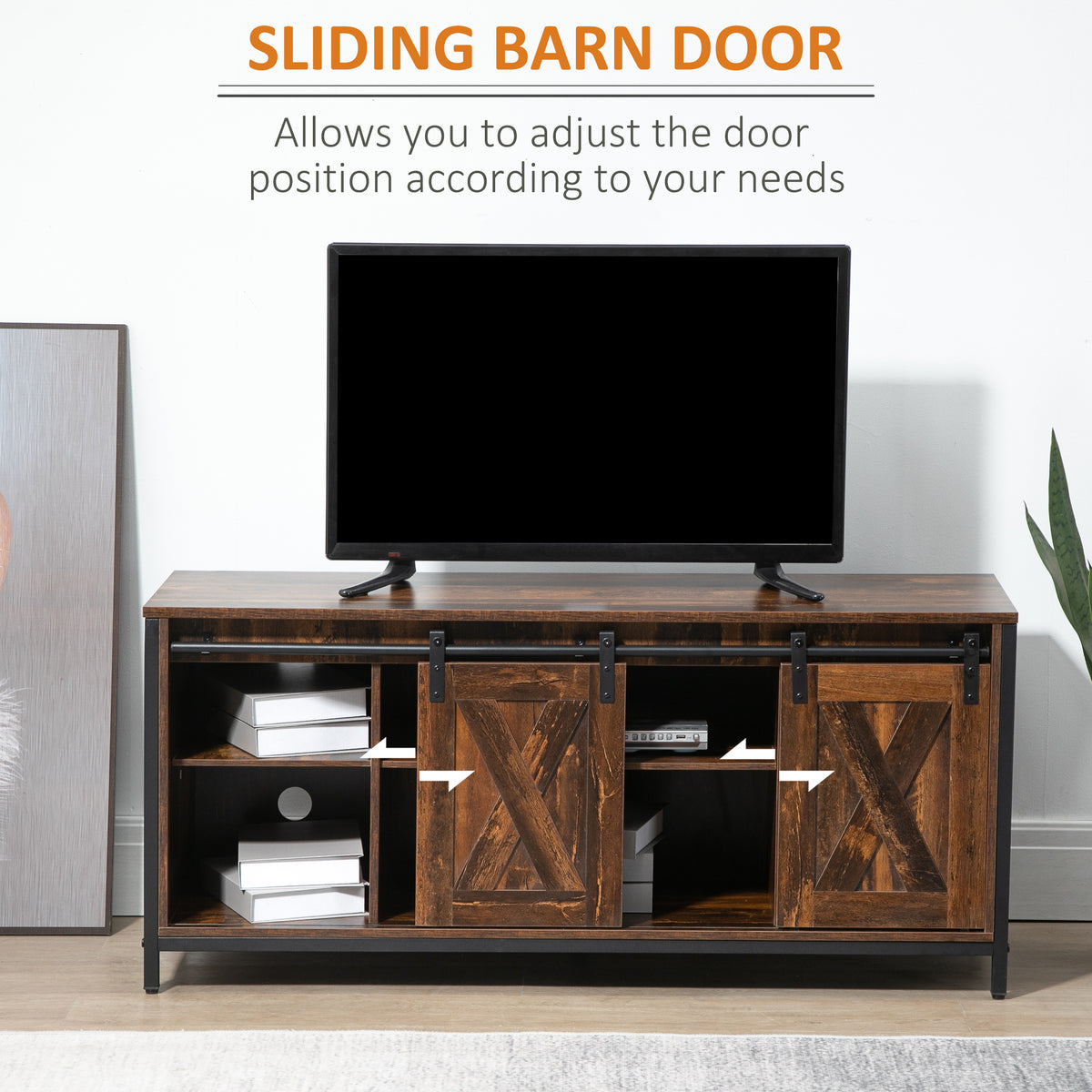 Industrial TV Stand for TVs up to 60", TV Console with Storage and 2 Sliding Barn Doors, Freestanding Entertainment Unit for Living Room, Bedroom, Brown