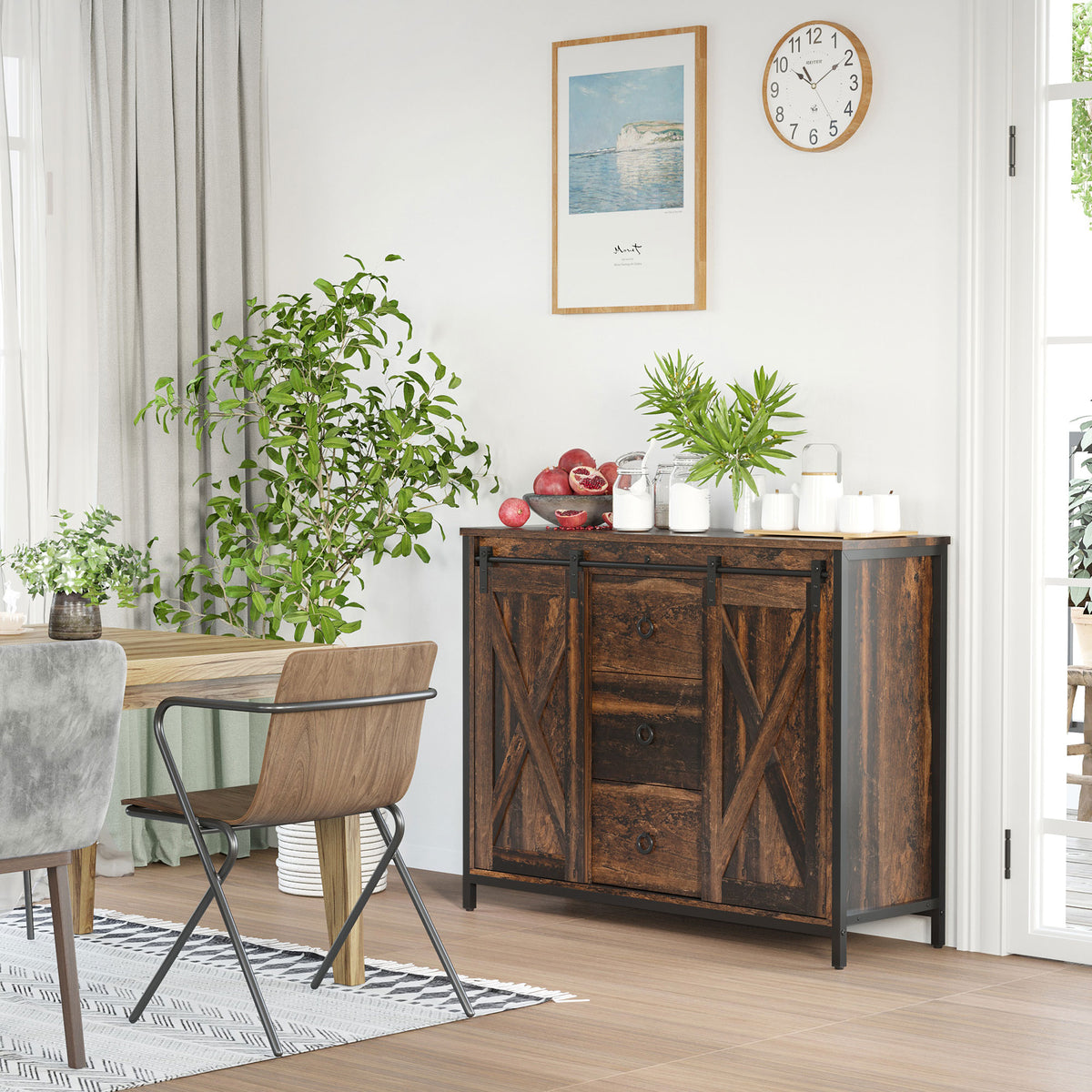 Industrial Buffet Cabinet, Kitchen Sideboard with Sliding Barn Doors, Three Drawers and Adjustable Shelves, Rustic Brown