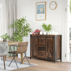 Industrial Buffet Cabinet, Kitchen Sideboard with Sliding Barn Doors, Three Drawers and Adjustable Shelves, Rustic Brown
