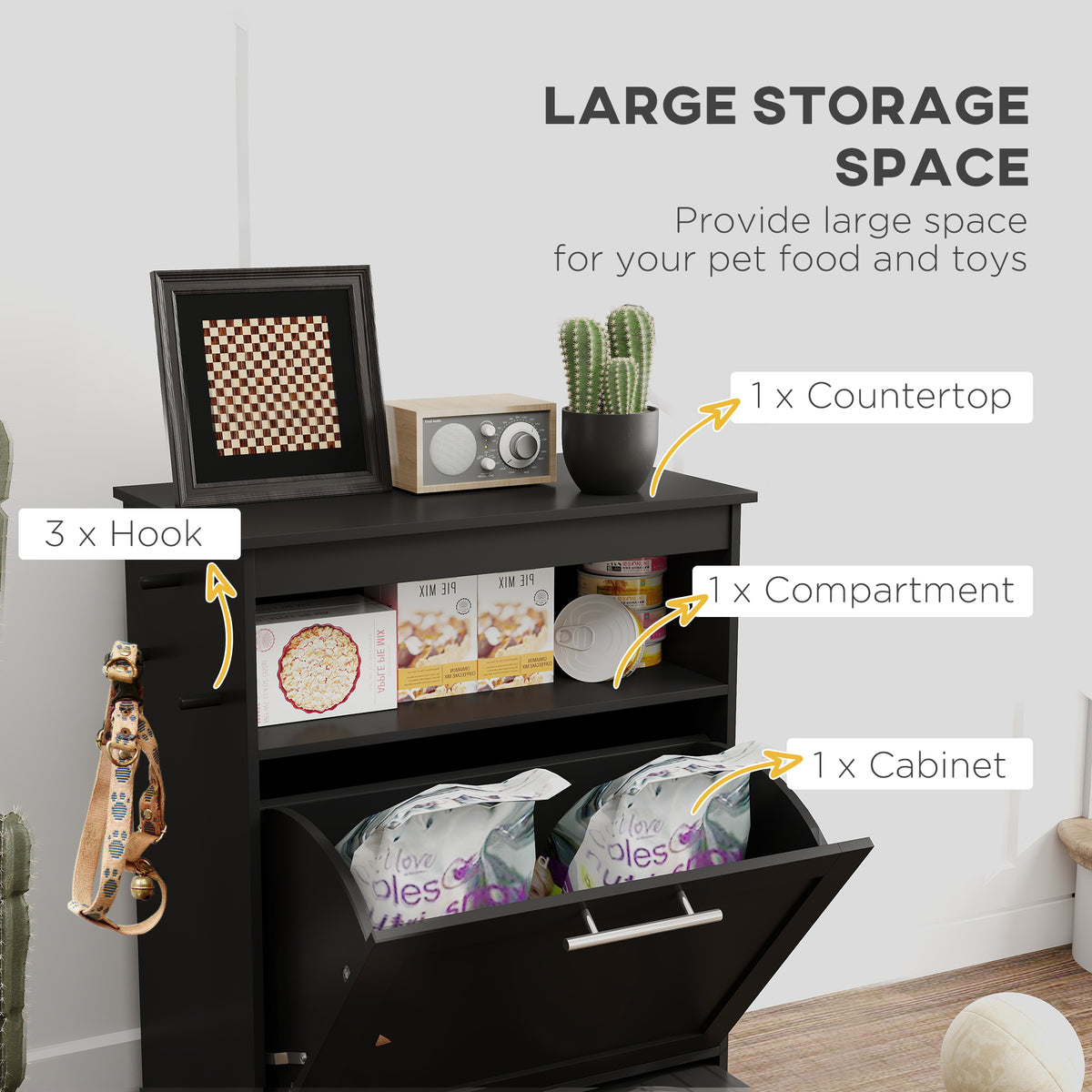 Pet Feeder Station Storage Cabinet, Dog Food Storage Container with Dog Raised Bowls, Watering Supplies, Gray