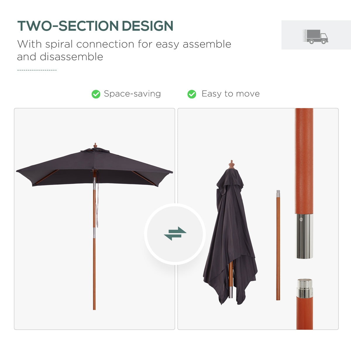 6.6x5ft Square Market Parasol, Wooden Patio Umbrella with Tilt Mechanism and 6 Bamboo Ribs – view 6