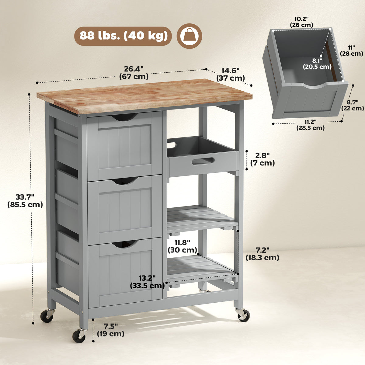 Kitchen Cart on Wheels, Rolling Kitchen Island Cart with Wood Top – view 9