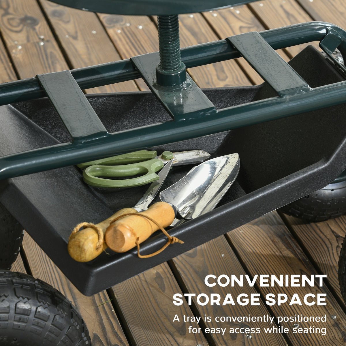 Garden Cart Garden Seat on Wheels with Tool Tray, 360° Swivel and Height Adjustable Seat, for Patio and Yard