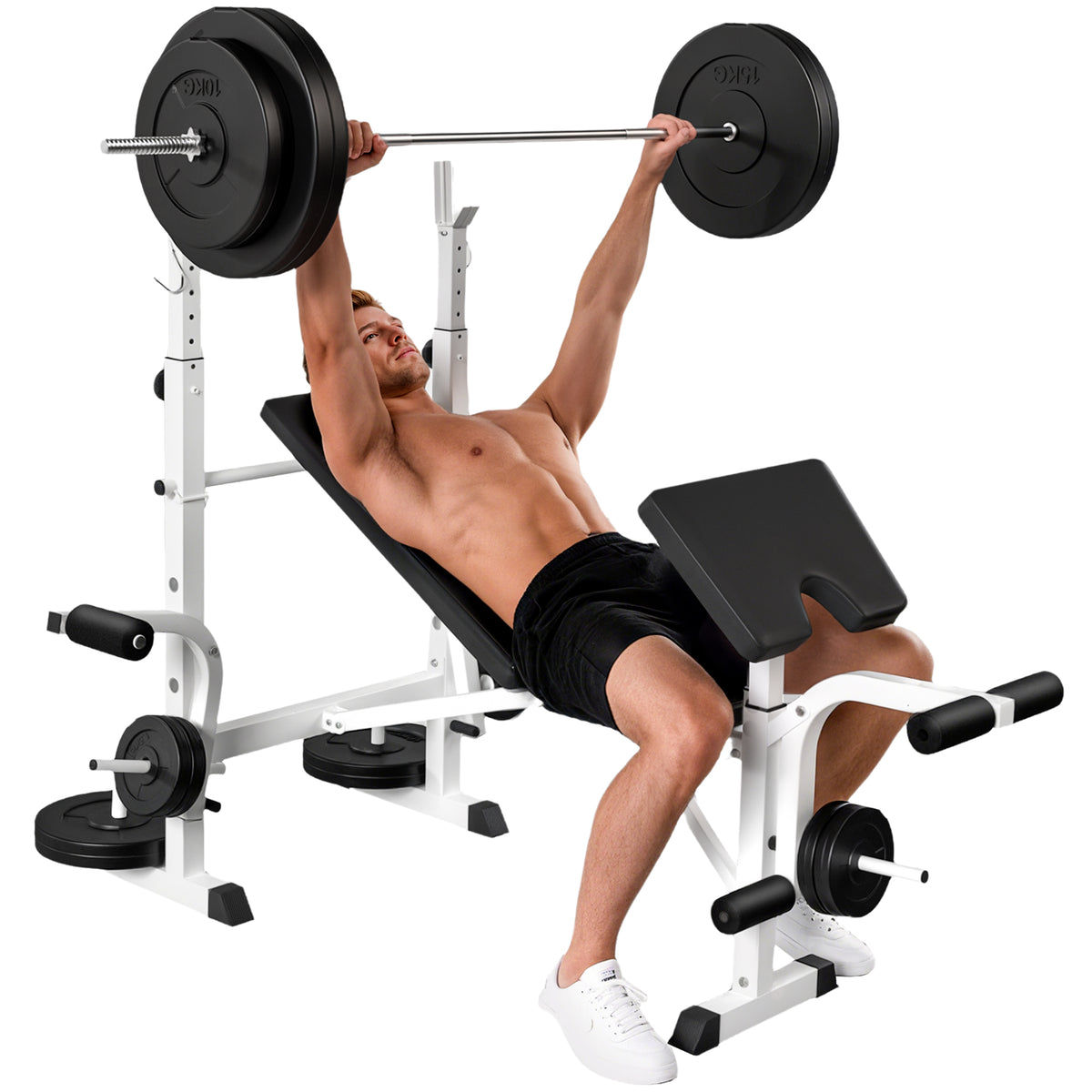 Soozier Bench Press Set Adjustable Weight Bench with Squat Rack, Preacher Curl Pad, Leg Developer and Weight Storage