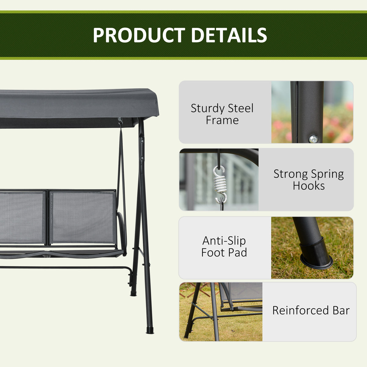 2-Seat Patio Swing Chair, Outdoor Porch Swing Glider w/ Tilting Canopy and Weather Resistant Steel Frame, Dark Grey