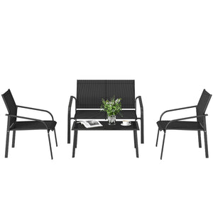 4 Piece Patio Furniture Set, Outdoor Conversation Set with Deep Seat, Loveseats, Armchairs, Glass-Top Table, Black
