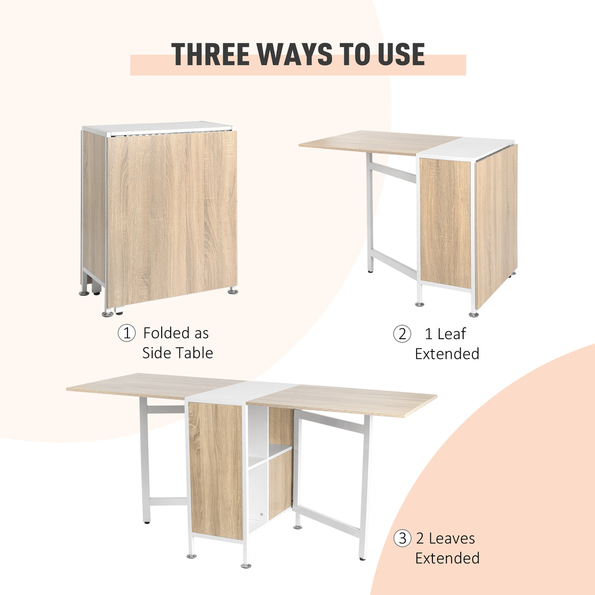 Multi-use Space Saving Folding Dining Table with Hideaway Shelves for Kitchen, Dining, Study and Office