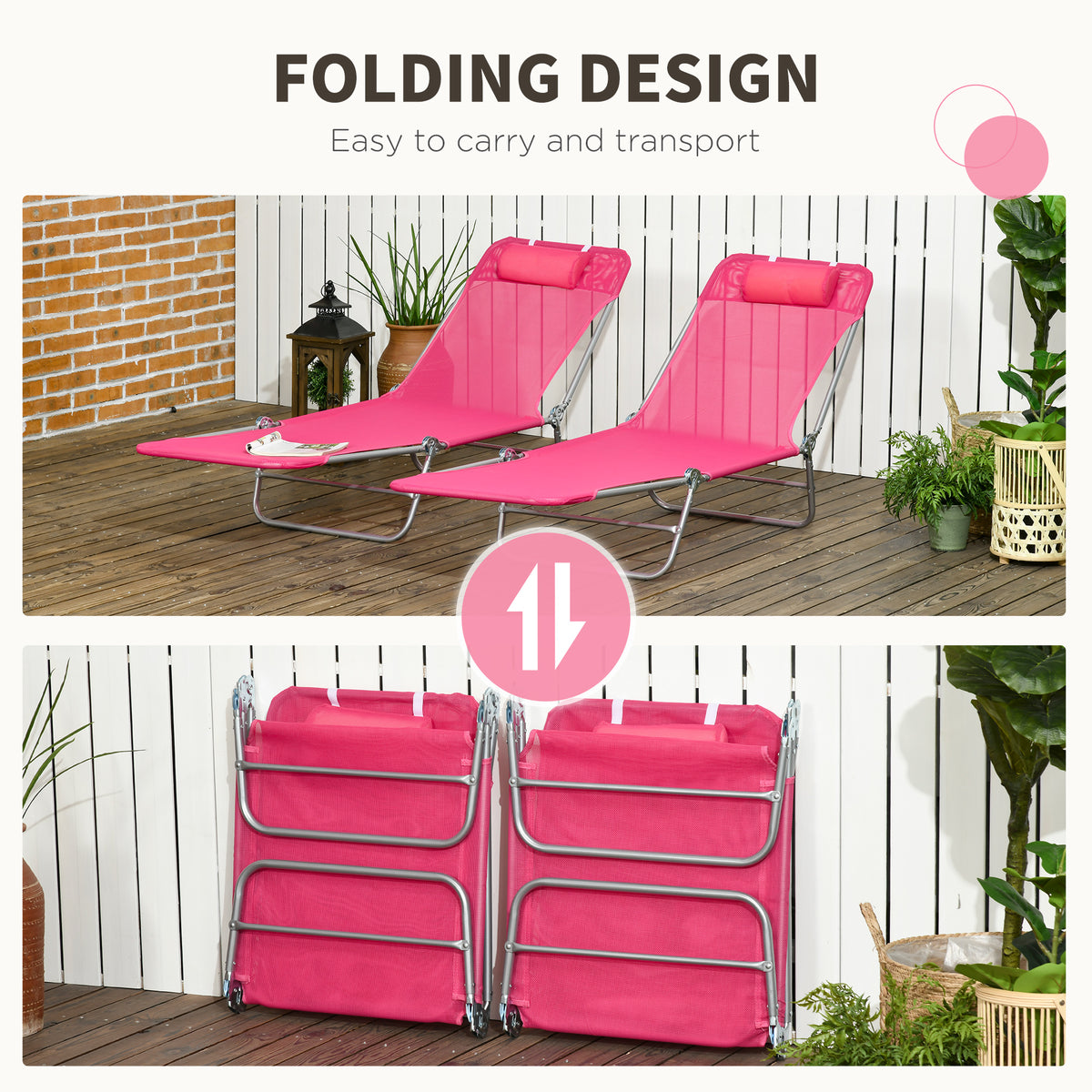 Set of 2 Folding Chaise Lounge Chairs, Outdoor Poolside Sun Tanning Chairs w/ Pillow, Reclining Backrest – view 25