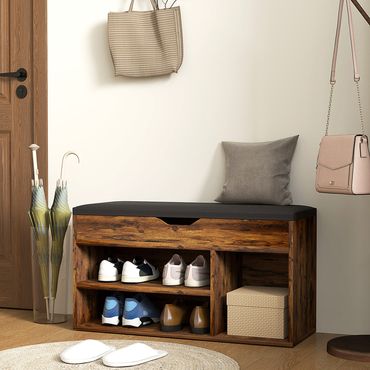 Shoe Bench Entryway Storage Rack with Padded Cushion, Hidden Storage for Hallway, Living Room, Natural – view 21
