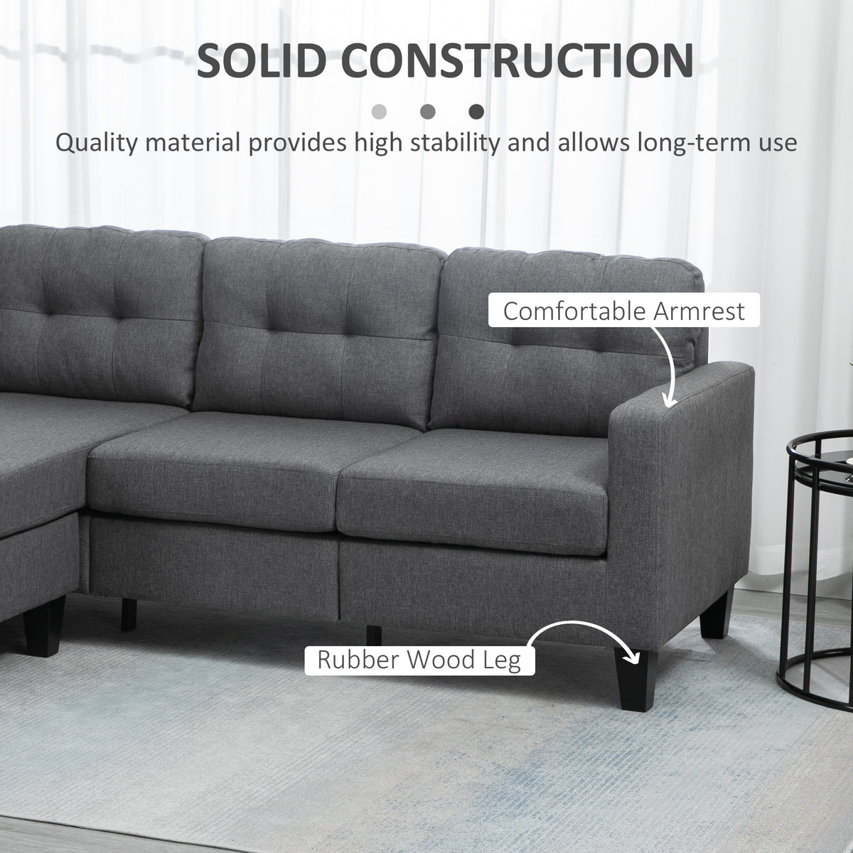 L-shaped Sofa, 3 Seater Couch with Ottoman, Corner Sofa with Thick Padded Cushion and Wood Legs, Dark Grey