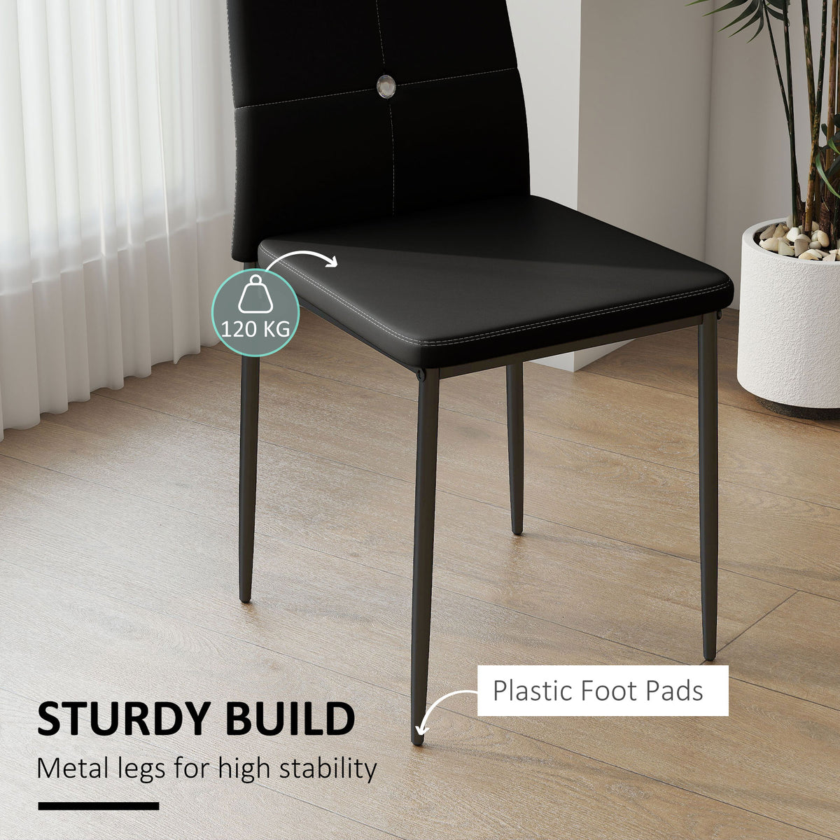 Set of 6 Button Tufted Back Side Chairs with Upholstered Seat, Steel Legs for Living Room, Kitchen, Bedroom, Black