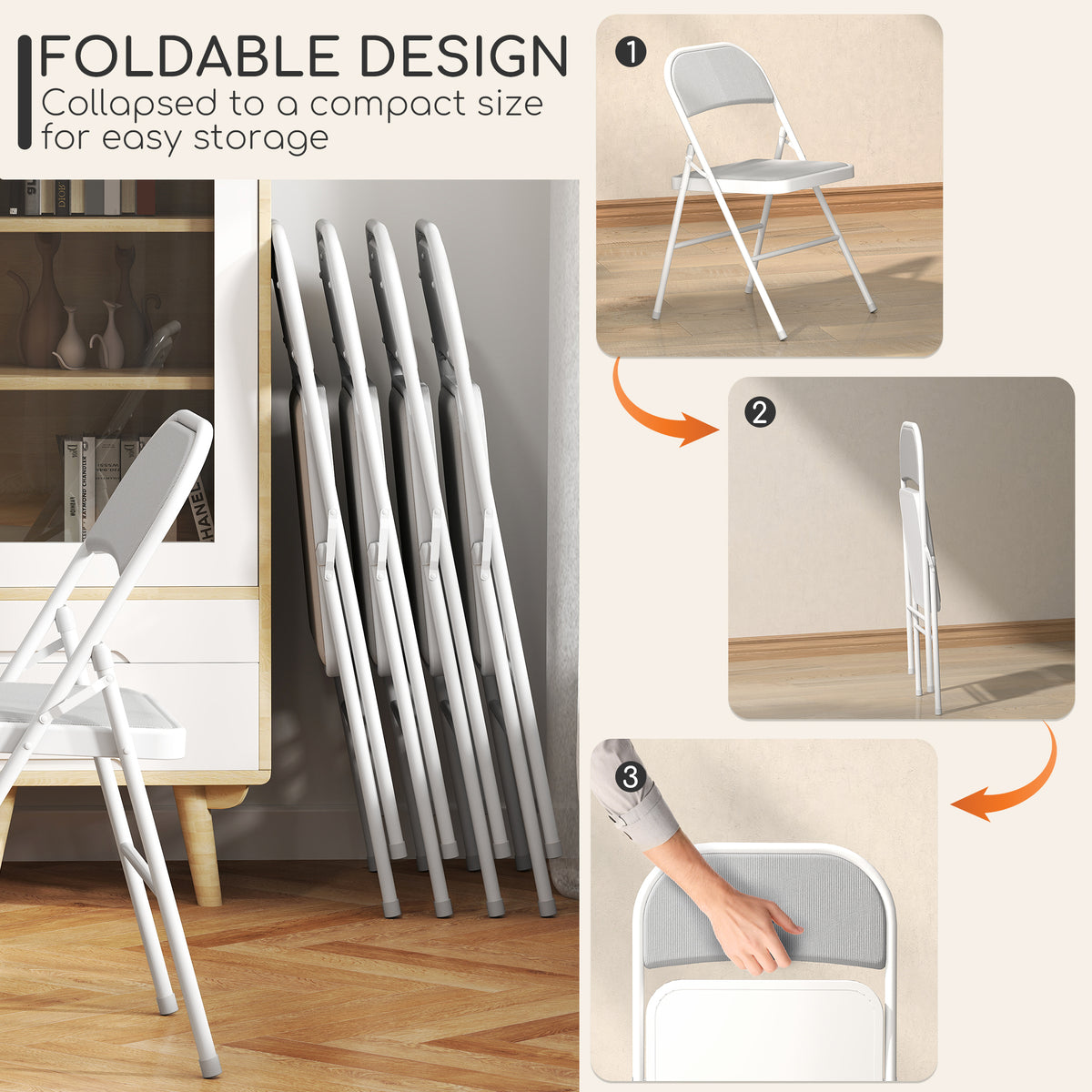 Set of 4 Metal Foldable Chairs, Corduroy Padded Folding Chairs with Cushion Seat and Open Back for Indoor, White